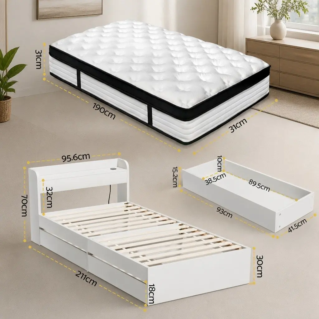 Single Mattress for Bedroom 190 x 91 x 31cm with Wooden Storage Bed Frame