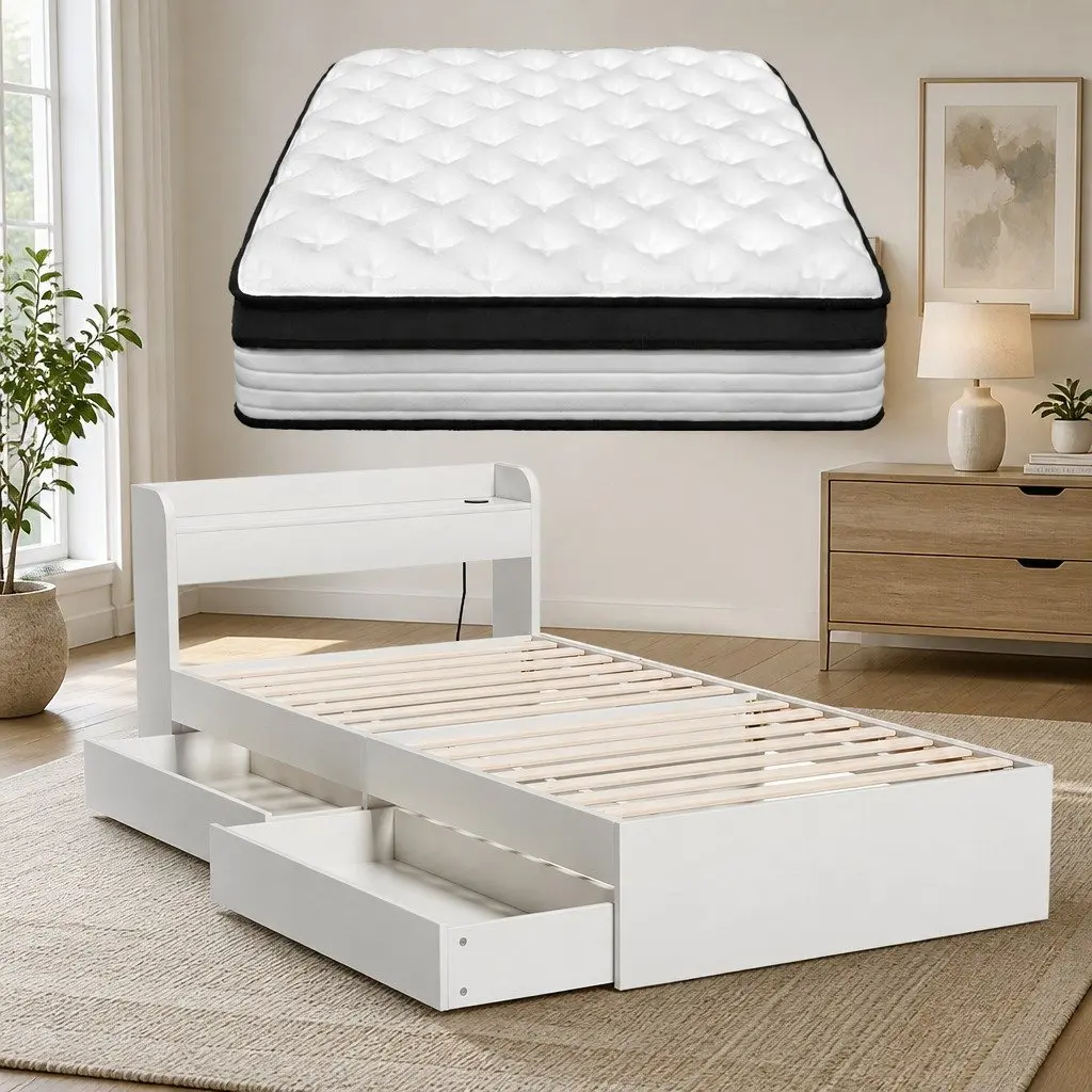 Single Mattress for Bedroom 190 x 91 x 31cm with Wooden Storage Bed Frame