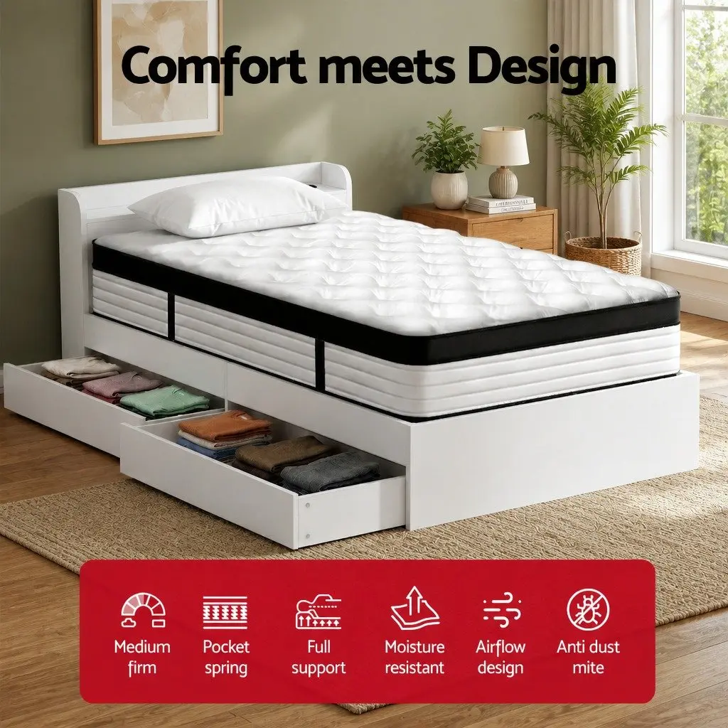 Single Mattress for Bedroom 190 x 91 x 31cm with Wooden Storage Bed Frame