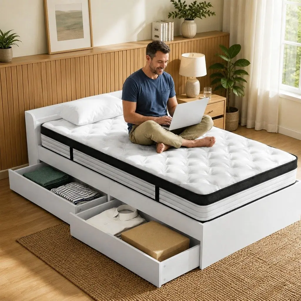 Single Mattress for Bedroom 190 x 91 x 31cm with Wooden Storage Bed Frame
