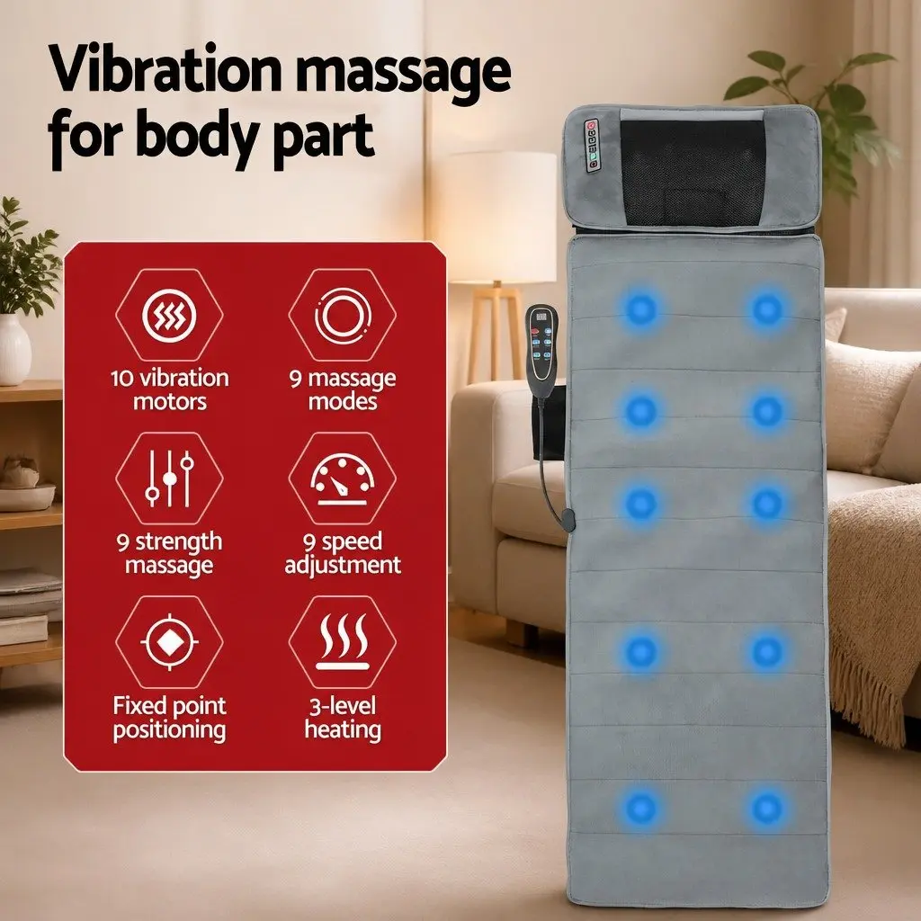 Electric Massage Mat for Home 158cm x 48cm with 10 Motors Vibration Heating Neck Back Relaxation