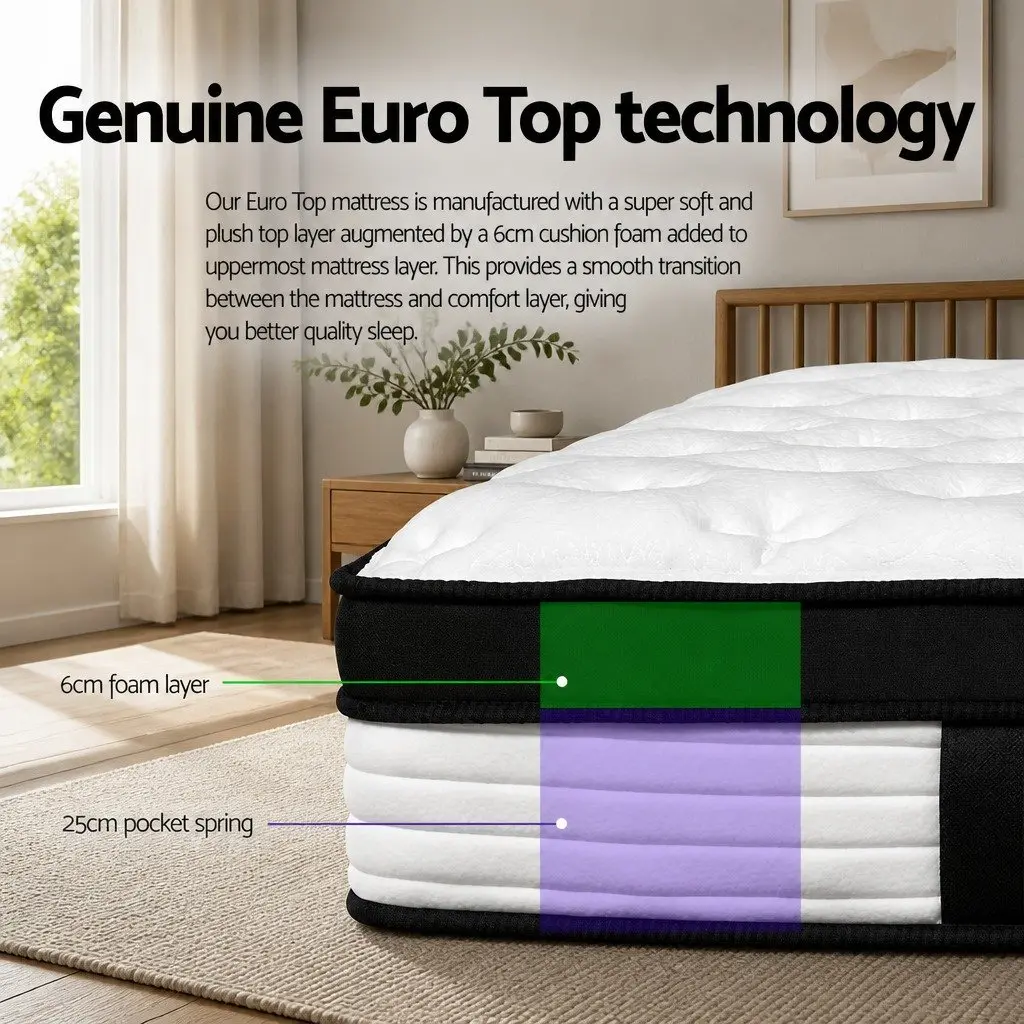 Queen Mattress Euro Top Plush Pocket Spring 31cm Medium Firmness