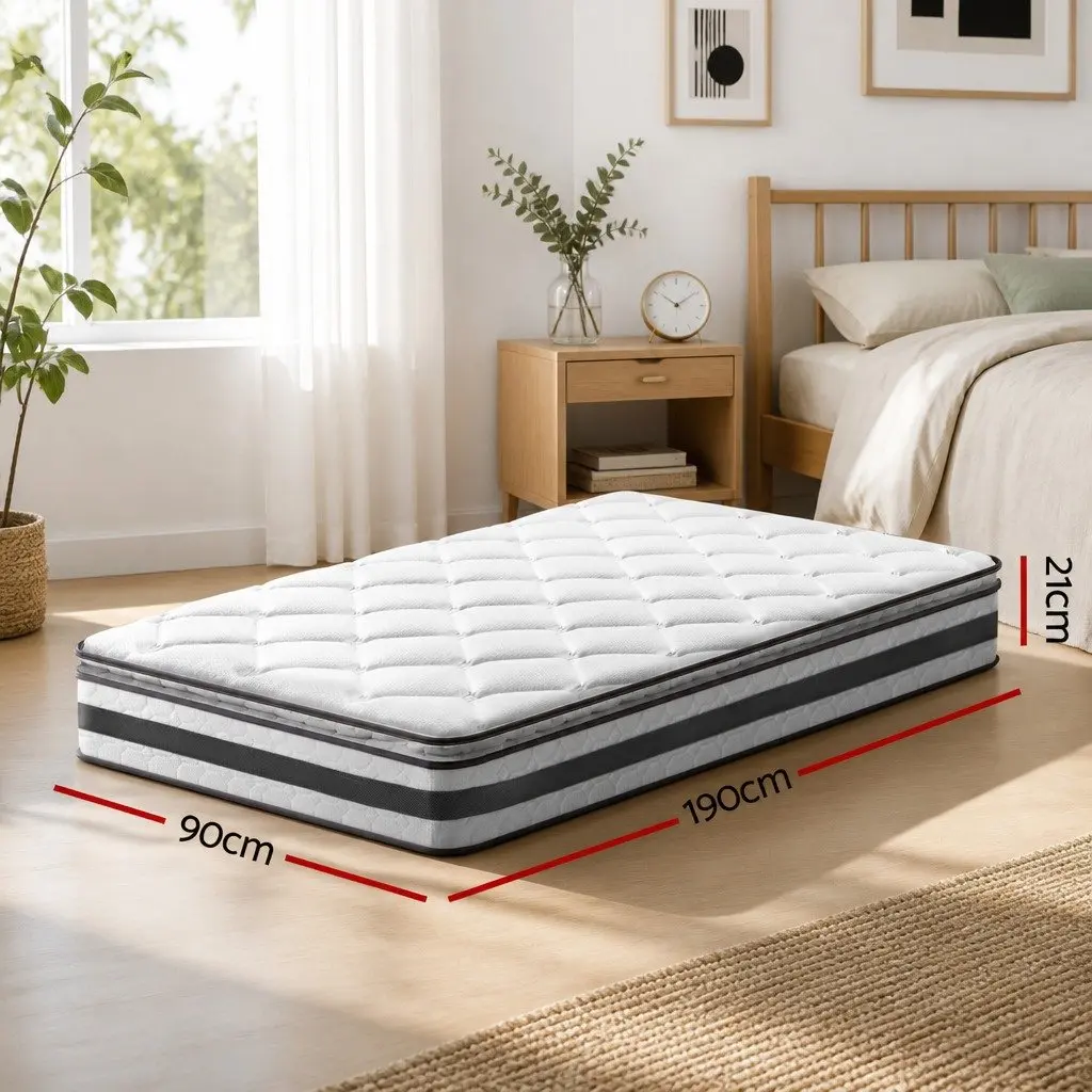 Single Mattress 21cm Pillow Top Medium Firm Bonnell Spring Breathable Bed