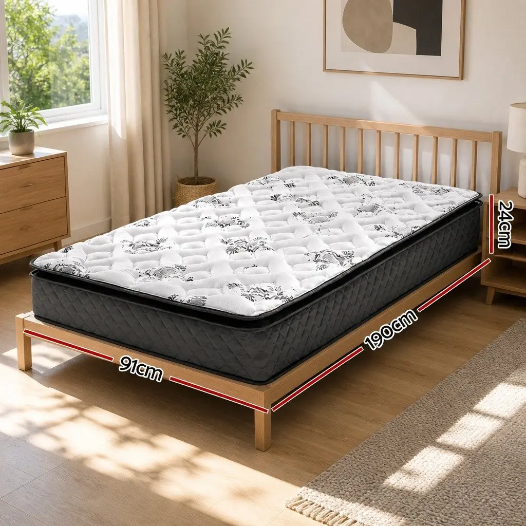 Single Mattress 24cm Pillow Top Medium Firm Bonnell Spring Coil System Grey