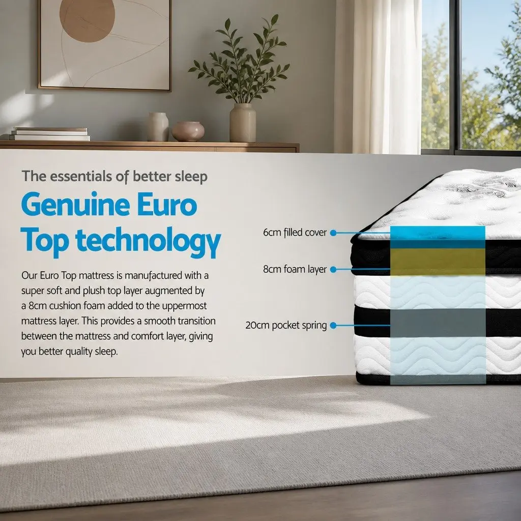 King Single Mattress 34cm Euro Top Pocket Spring Bed Medium Firm Support
