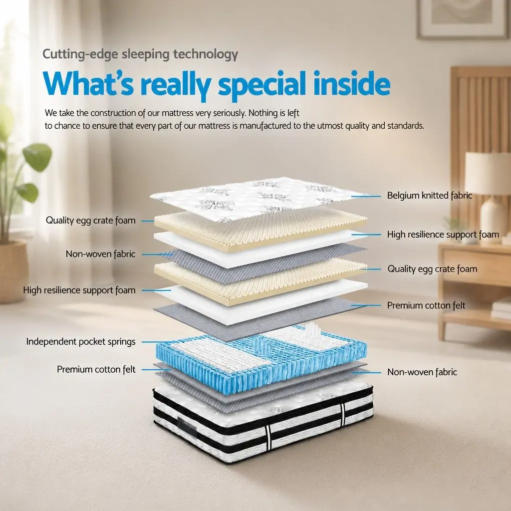 King Single Mattress 34cm Euro Top Pocket Spring Bed Medium Firm Support