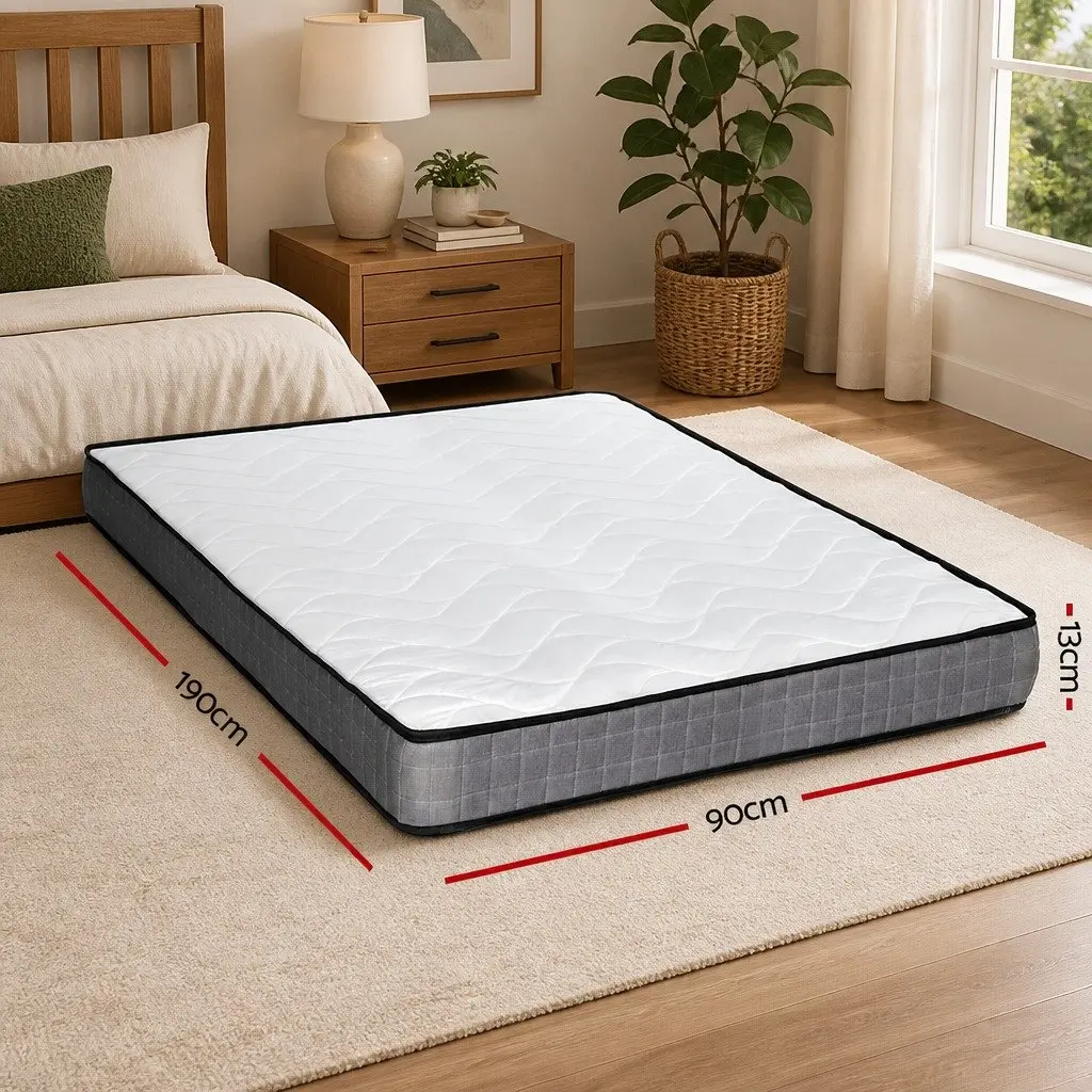 Single Bonnell Spring Mattress Quilted Medium Firm 13cm White Grey