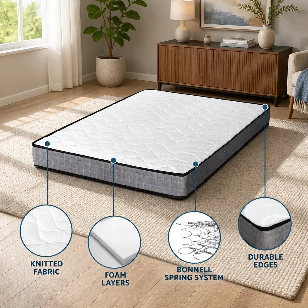 Single Bonnell Spring Mattress Quilted Medium Firm 13cm White Grey