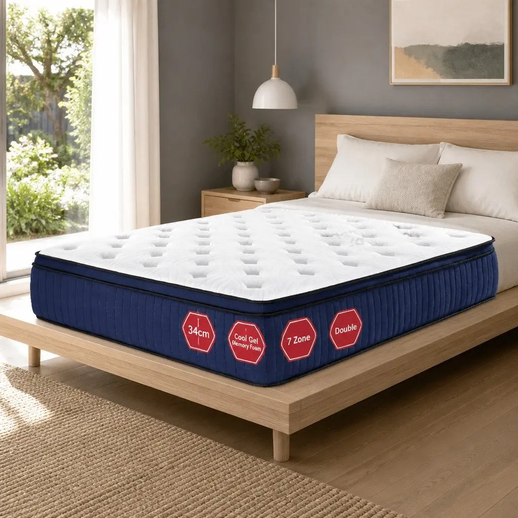 Double Mattress Medium Firm 34cm Pocket Springs Cool Gel Memory Foam 7 Zone