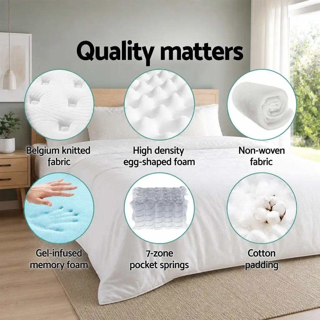 Double Mattress Medium Firm 34cm Pocket Springs Cool Gel Memory Foam 7 Zone