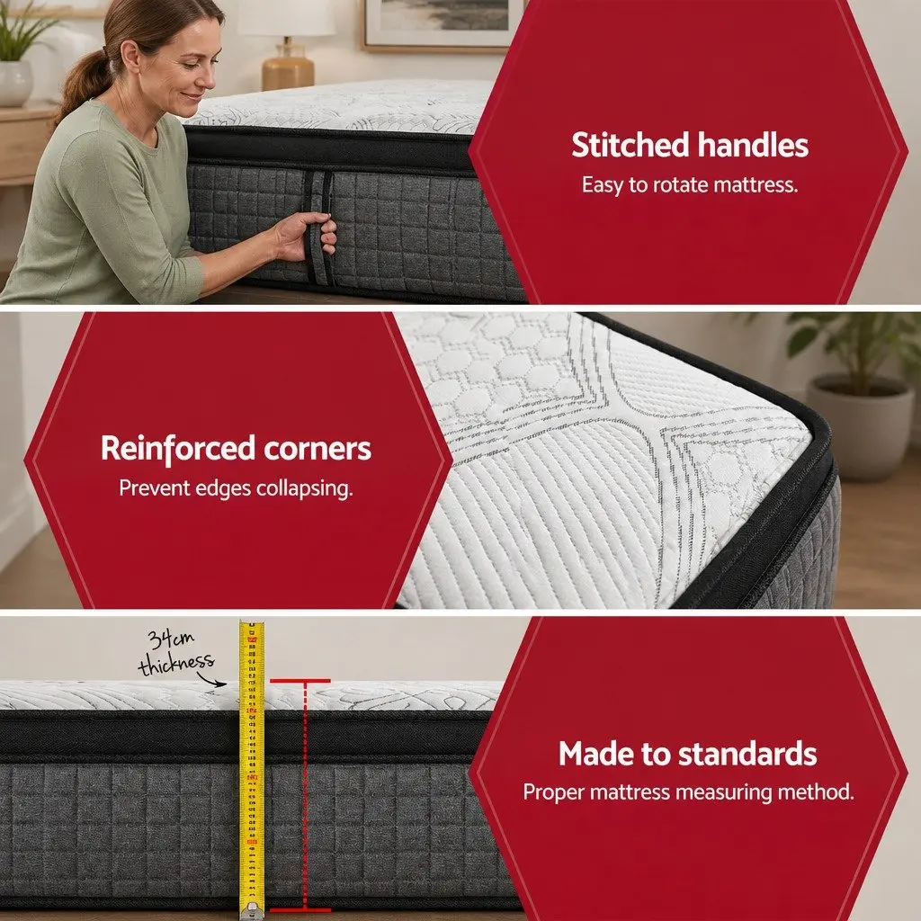 Double Mattress 34cm Euro Top 9 Zone Pocket Spring Latex Foam Medium Firm