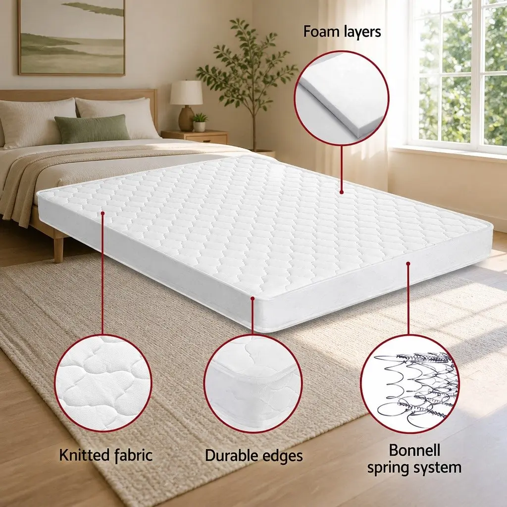 Queen Size Mattress 13cm Bonnell Spring Medium Firm Quilted White for Bedroom