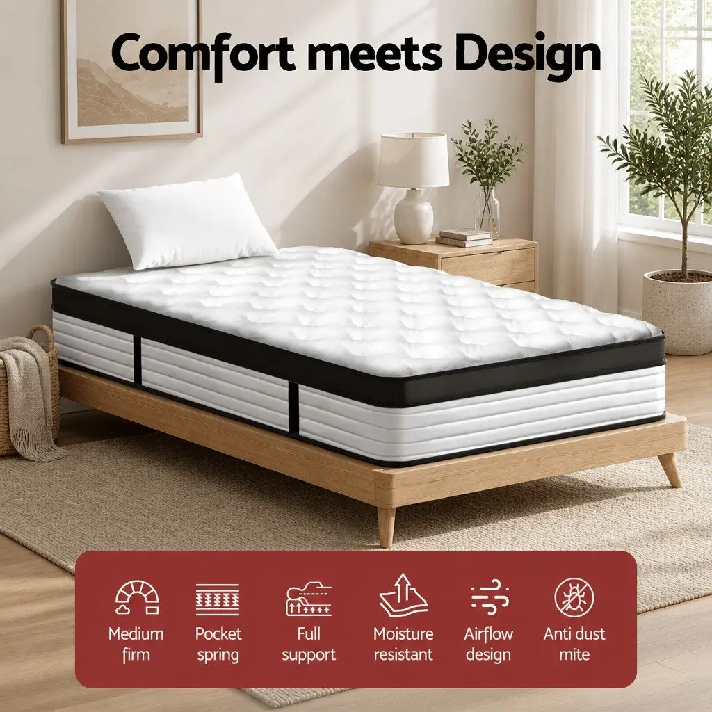 King Single Mattress for Bedroom 31cm Euro Top Pocket Spring Medium Firm Support