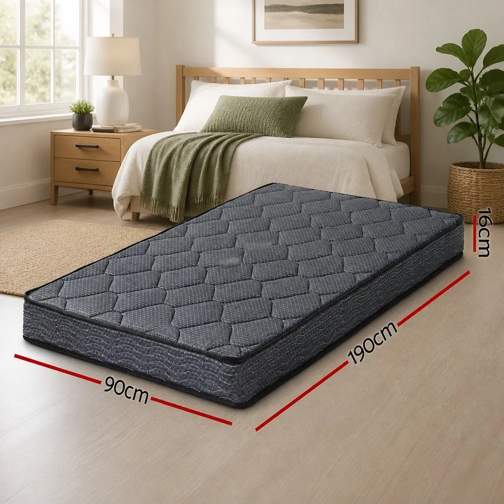Single Mattress Grey 16cm Bonnell Spring Tight Top Medium Firm Support