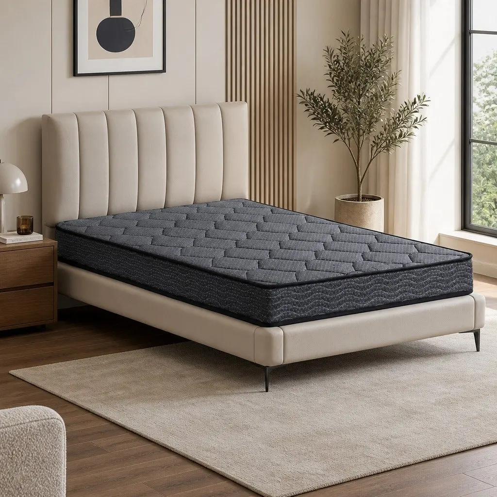 Single Mattress Grey 16cm Bonnell Spring Tight Top Medium Firm Support