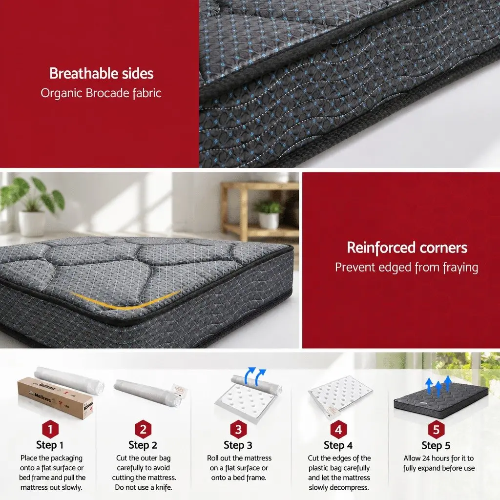 Single Mattress Grey 16cm Bonnell Spring Tight Top Medium Firm Support