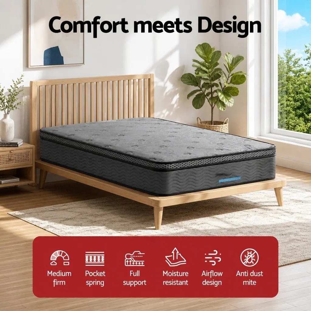 King Single Mattress 26cm Euro Top Medium Firm Pocket Spring Memory Foam Grey