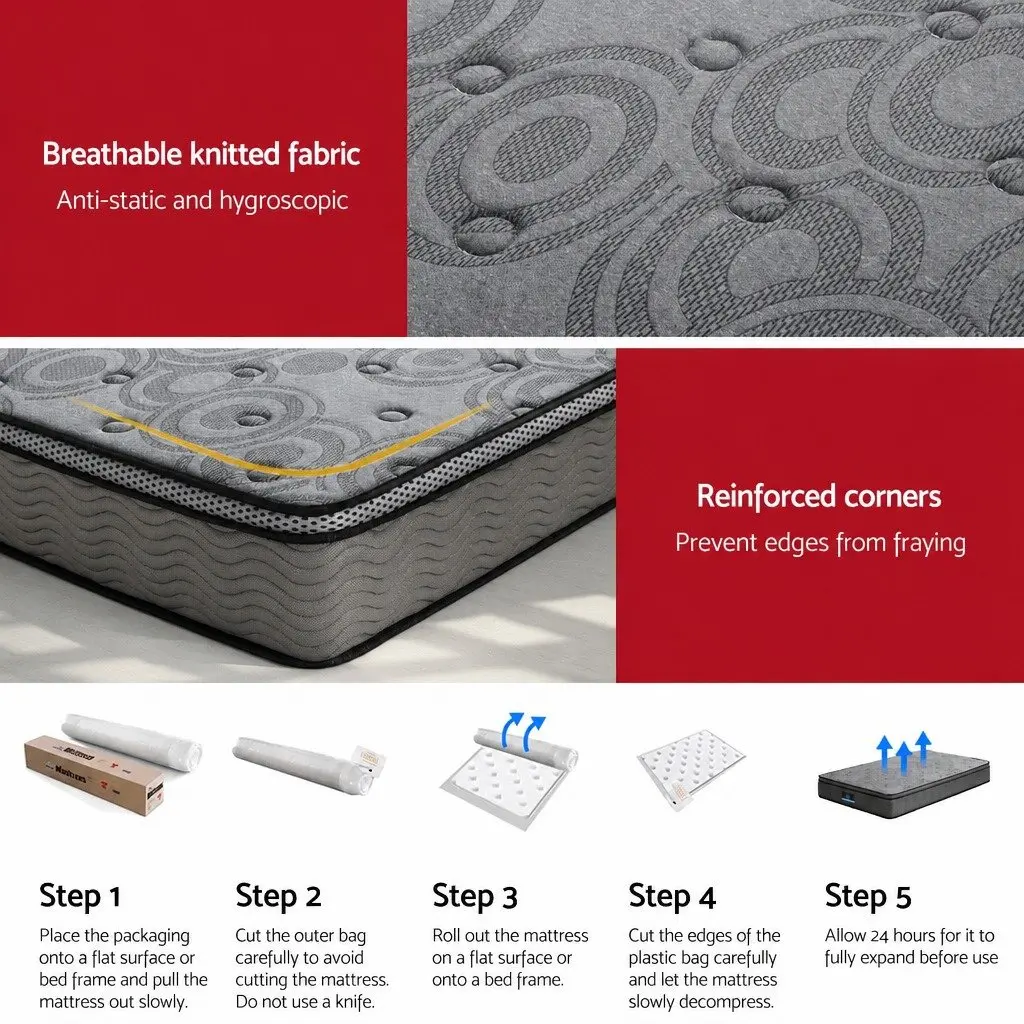 King Single Mattress 26cm Euro Top Medium Firm Pocket Spring Memory Foam Grey