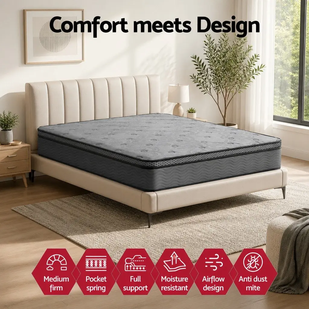 Queen Mattress 26cm Euro Top Medium-Firm Pocket Spring Memory Foam Grey Bed