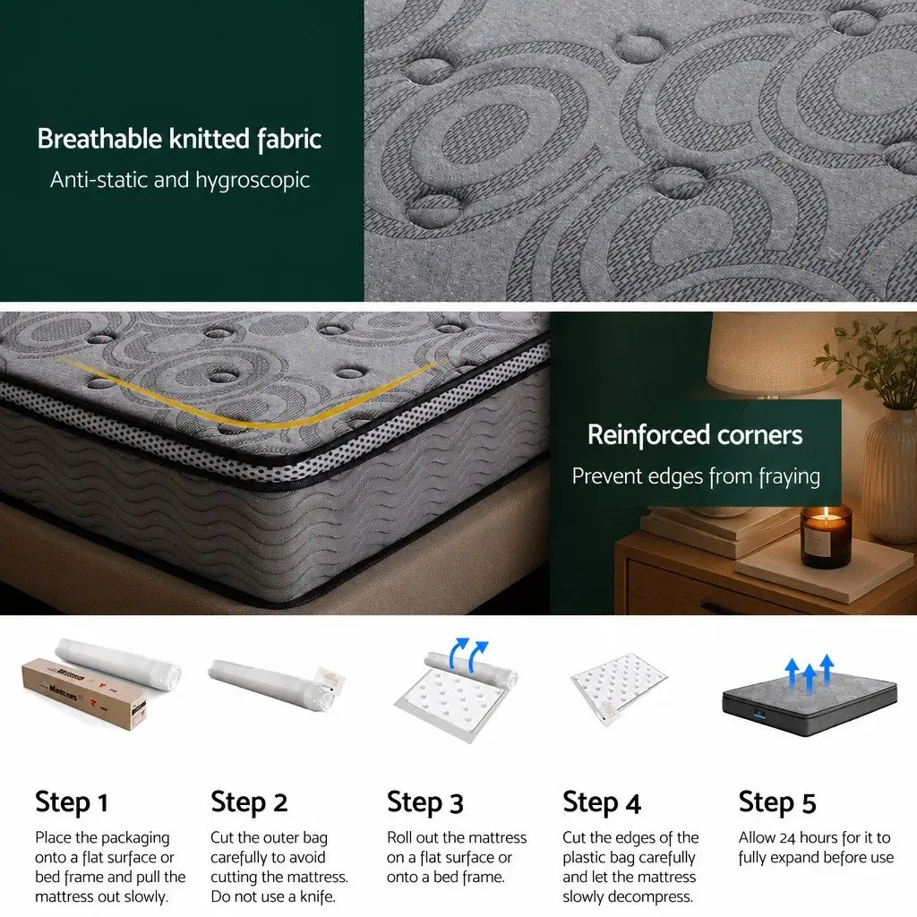Queen Mattress 26cm Euro Top Medium-Firm Pocket Spring Memory Foam Grey Bed