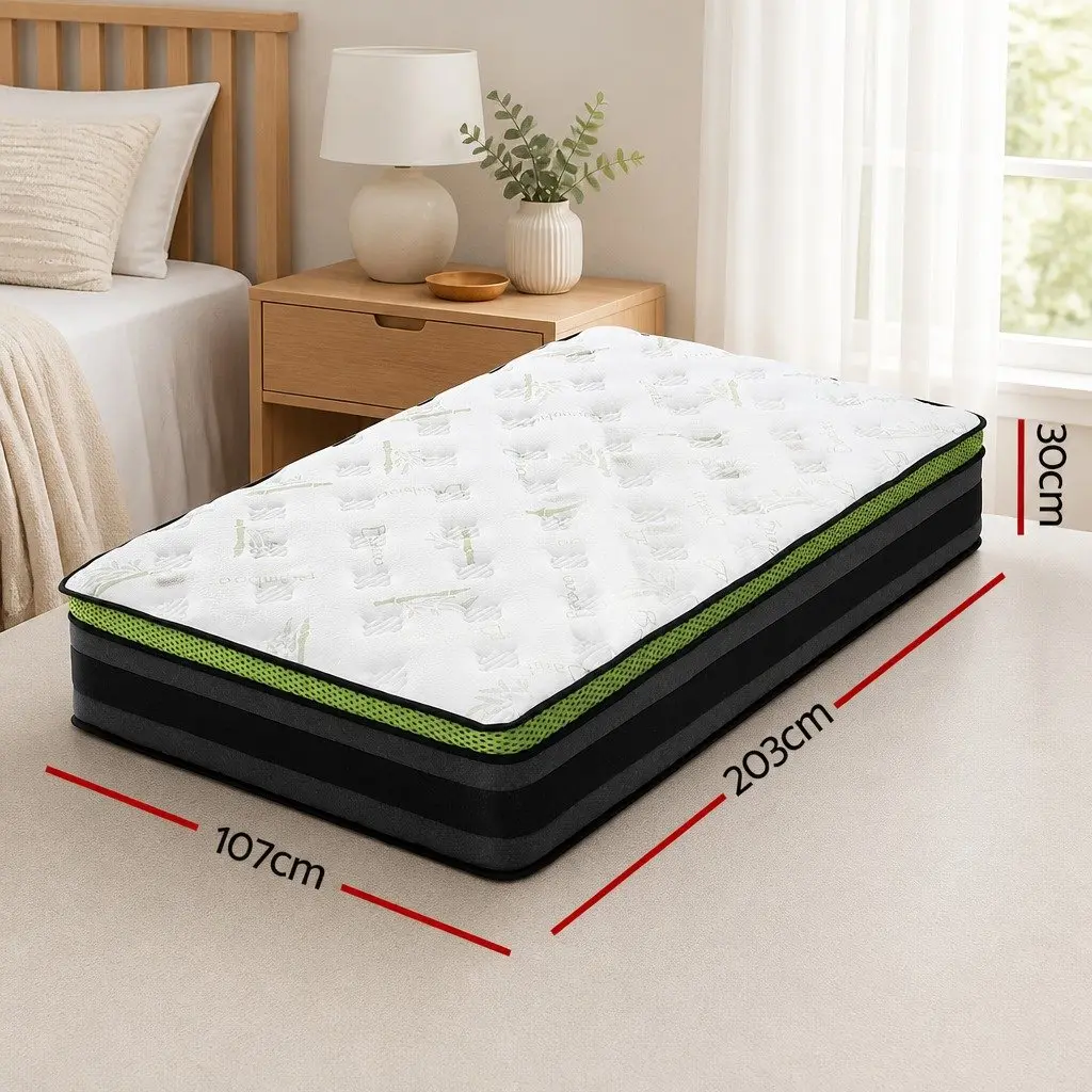 King Single Mattress 30cm Grey Pocket Spring Cool Gel Foam Hypoallergenic