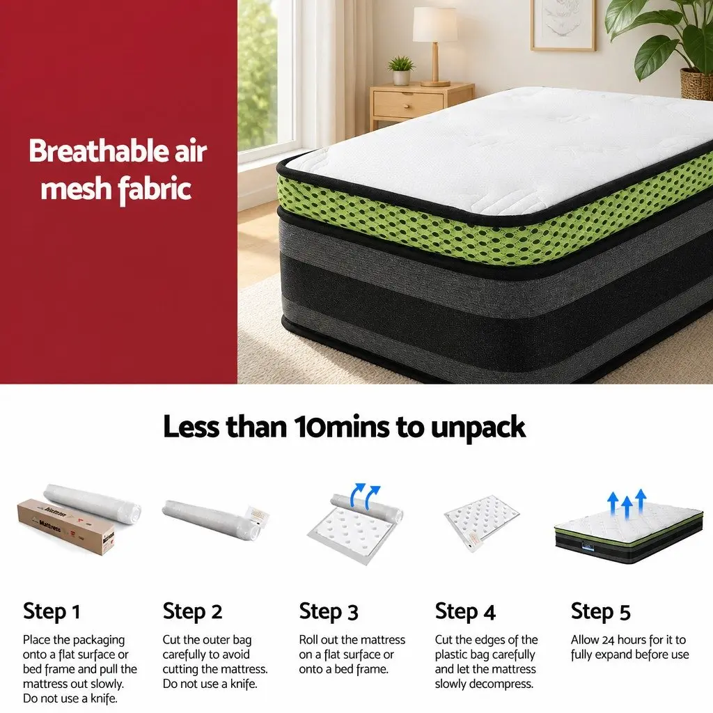 King Single Mattress 30cm Grey Pocket Spring Cool Gel Foam Hypoallergenic