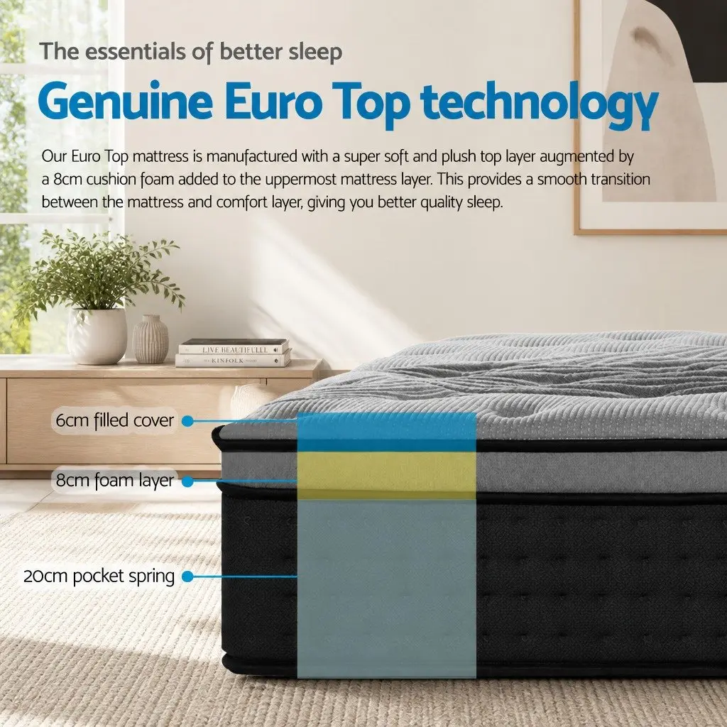 Double Mattress 34cm Medium Firm Bamboo Charcoal Cover Euro Top Pocket Spring