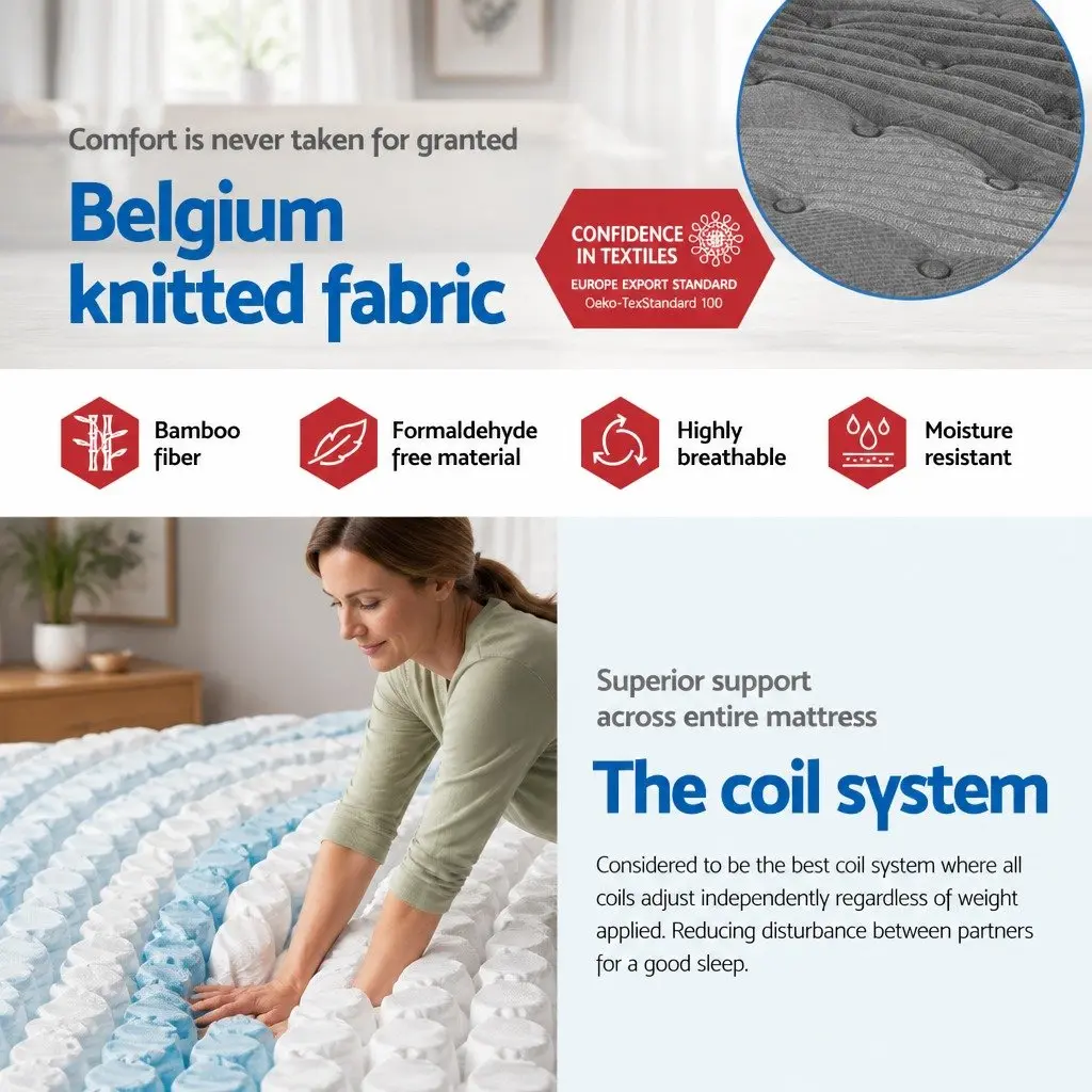 Double Mattress 34cm Medium Firm Bamboo Charcoal Cover Euro Top Pocket Spring