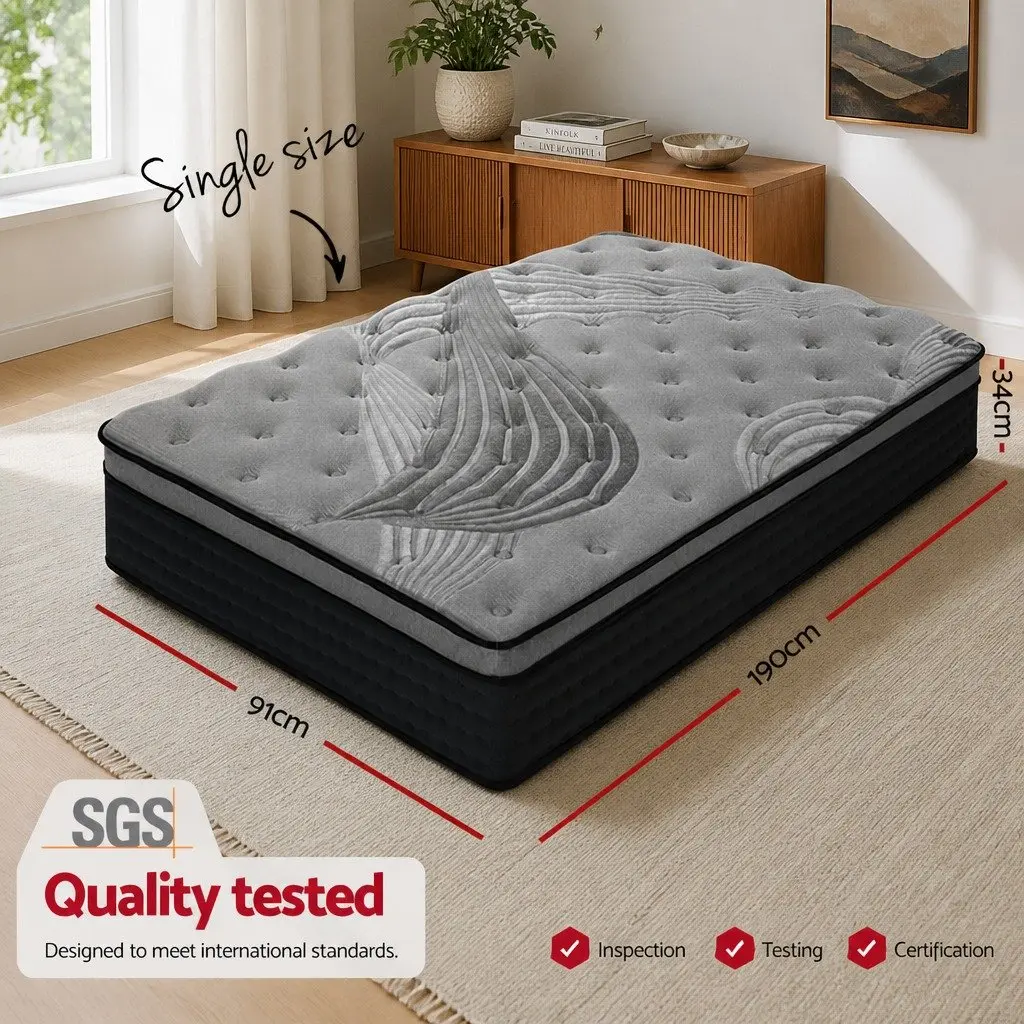 Single Mattress 34cm Thick Grey Medium-Firm Comfort Pocket Spring Bamboo Charcoal Euro Top
