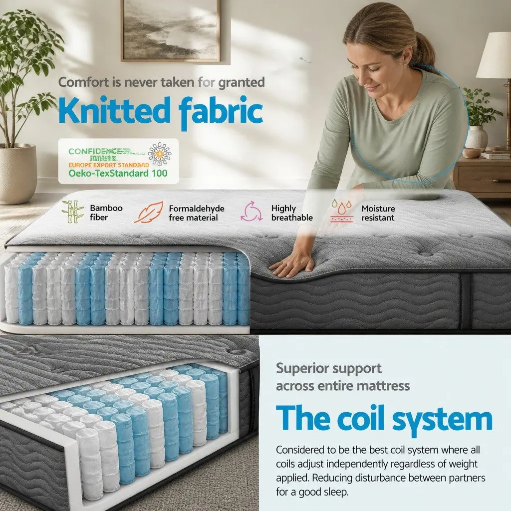 Single Mattress 34cm Thick Grey Medium-Firm Comfort Pocket Spring Bamboo Charcoal Euro Top