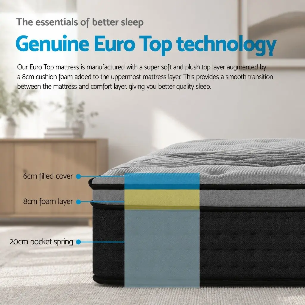 Single Mattress 34cm Thick Grey Medium-Firm Comfort Pocket Spring Bamboo Charcoal Euro Top