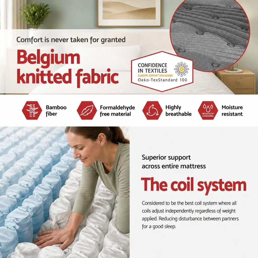 King Single Mattress 34cm Medium-Firm Euro Top Pocket Spring Bed Grey