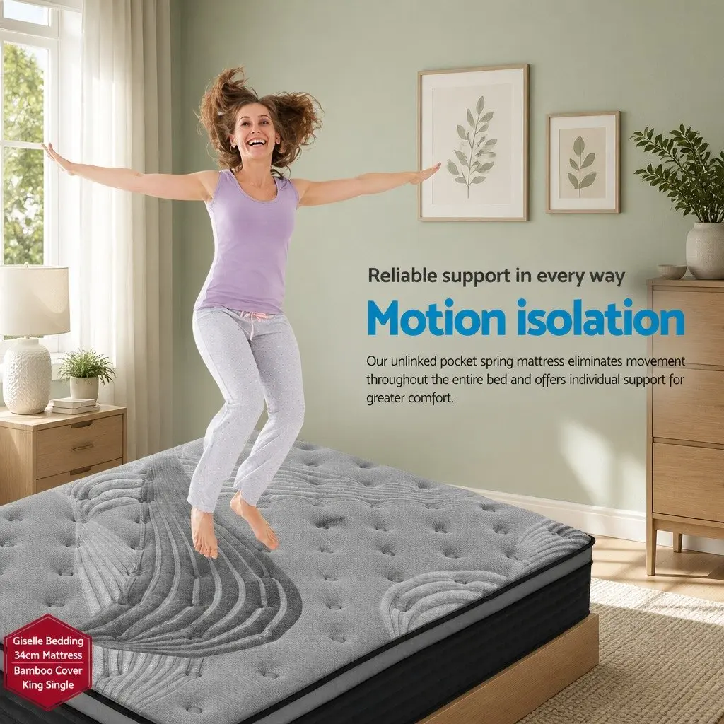 King Single Mattress 34cm Medium-Firm Euro Top Pocket Spring Bed Grey
