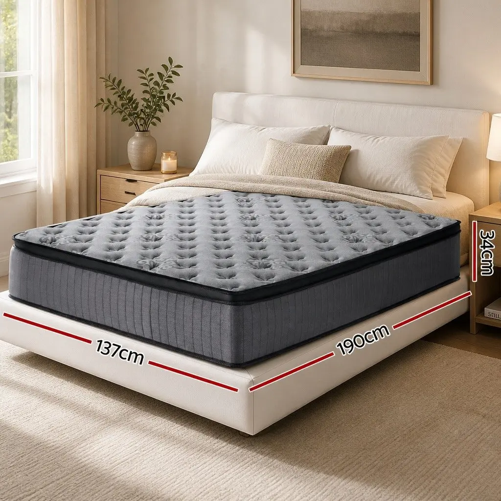Double Mattress Grey Medium-Firm 34cm Euro Top Pocket Spring Gel Memory Foam