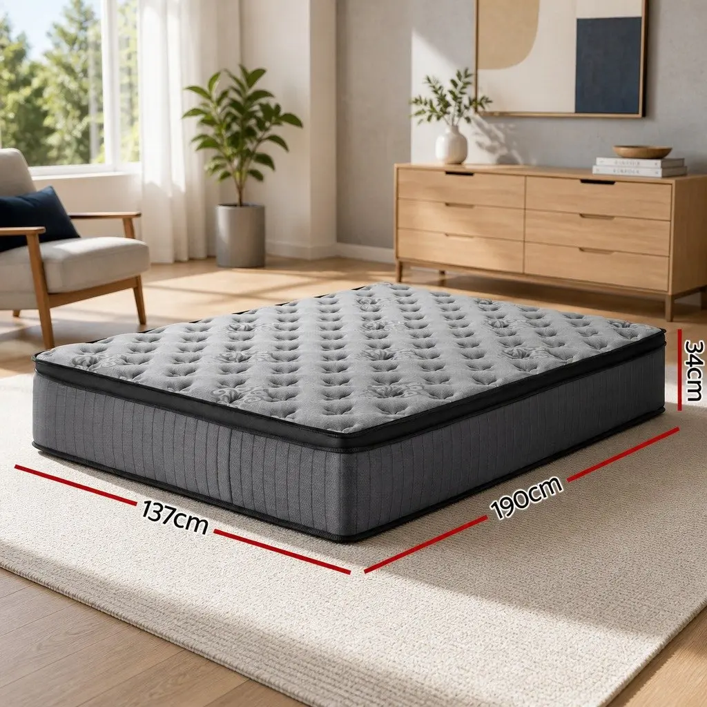 Double Mattress Grey Medium-Firm 34cm Euro Top Pocket Spring Gel Memory Foam