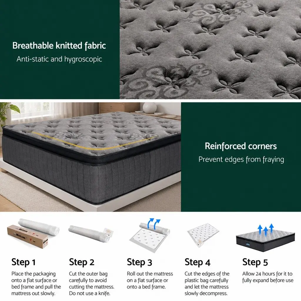 Double Mattress Grey Medium-Firm 34cm Euro Top Pocket Spring Gel Memory Foam