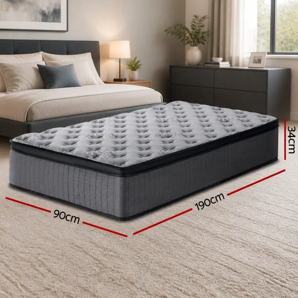 King Single Mattress 34cm Euro Top Medium-Firm Pocket Spring Memory Foam Grey