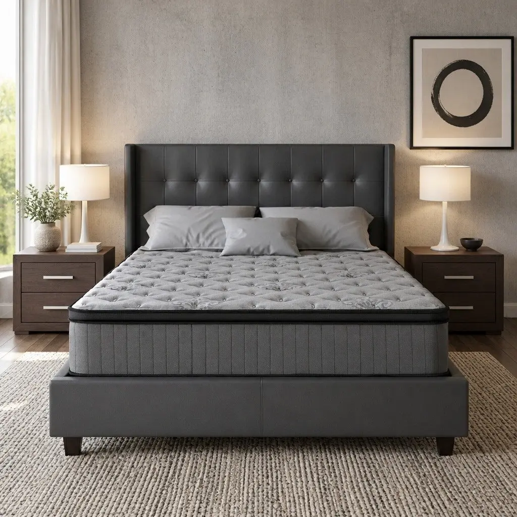 Queen Mattress 34cm Euro Top Medium Firm Support Grey Pocket Spring Bed