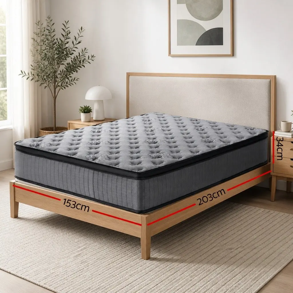 Queen Mattress 34cm Euro Top Medium Firm Support Grey Pocket Spring Bed