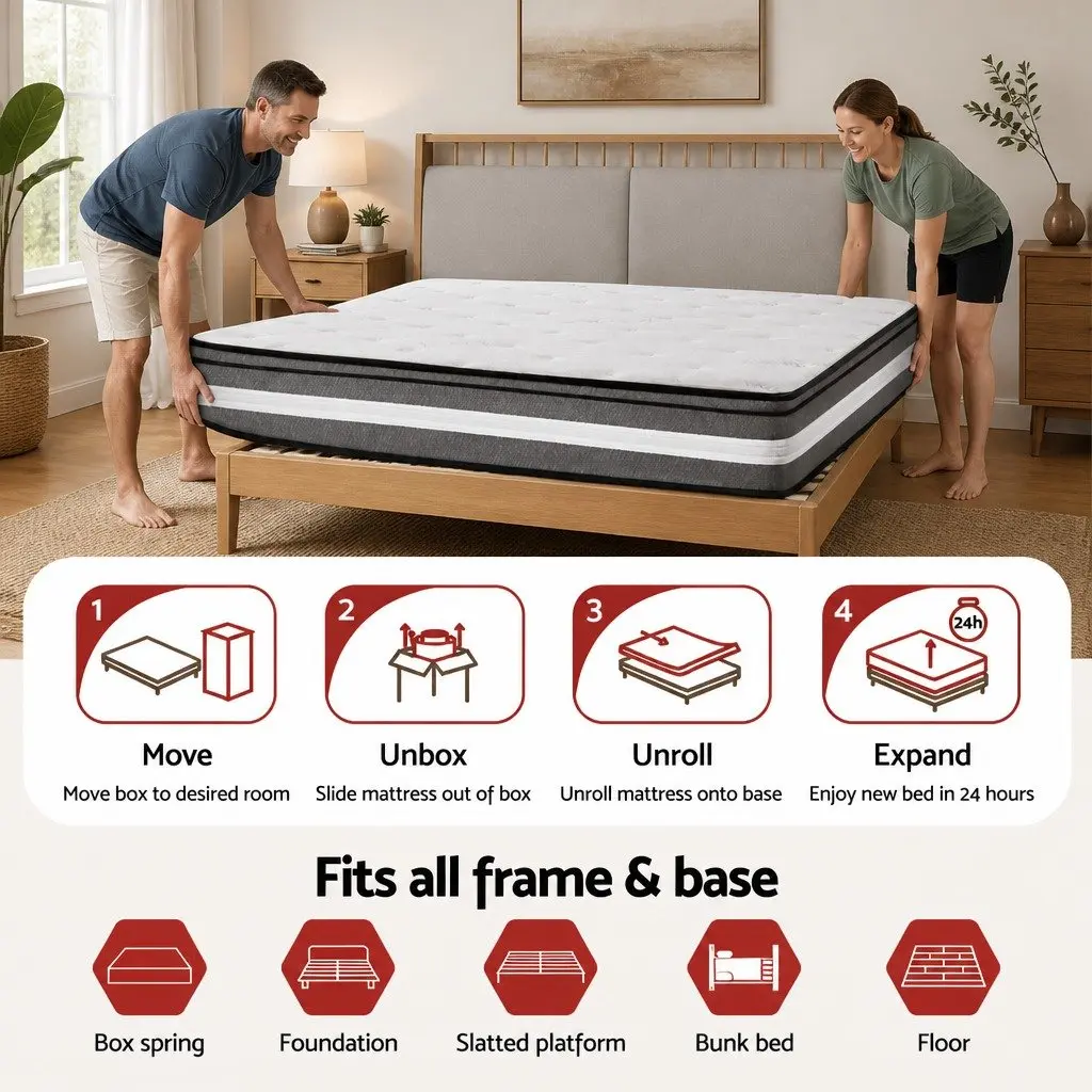 Double Mattress Grey 30cm Gel Memory Foam Pocket Spring Euro Top Medium Firm