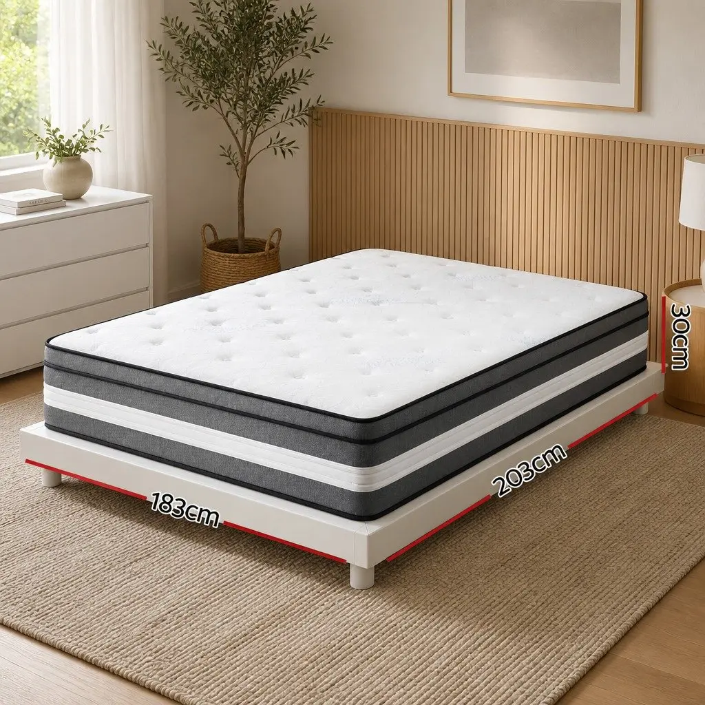 King Single Mattress 30cm Pocket Spring Grey Cooling Gel Memory Foam Euro Top