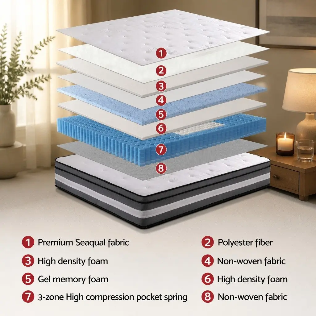 King Single Mattress 30cm Pocket Spring Grey Cooling Gel Memory Foam Euro Top