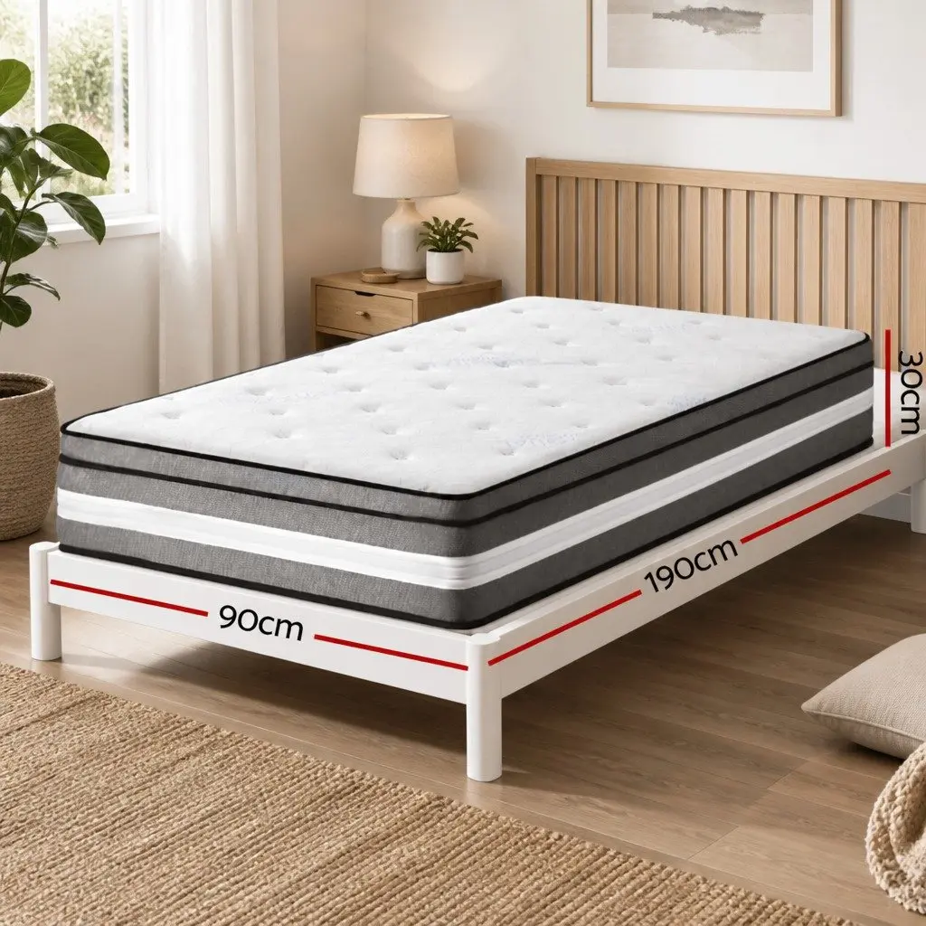 Single Mattress 30cm Medium Firm Support Euro Top Cooling Gel Memory Foam Pocket Spring