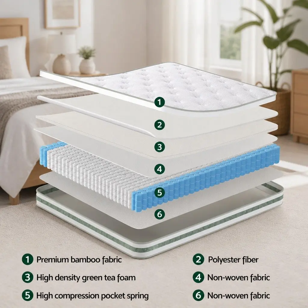Pocket Spring King Size Mattress 20cm Euro Top Green Tea Foam Medium Firm