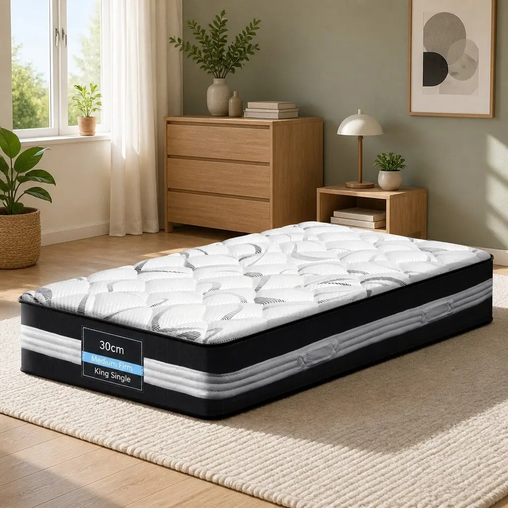 King Single Mattress Medium Firm 30cm Pocket Spring Support Hypoallergenic Breathable