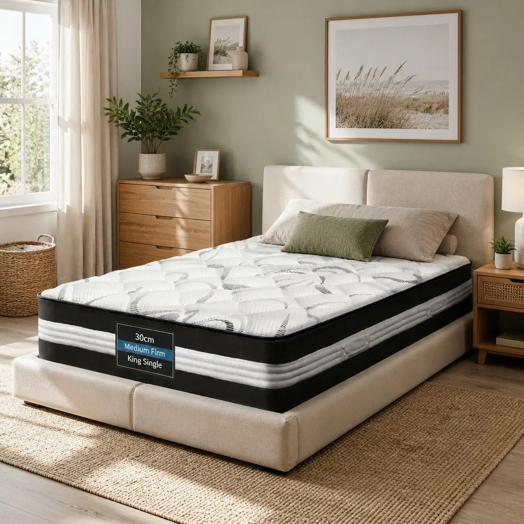 King Single Mattress Medium Firm 30cm Pocket Spring Support Hypoallergenic Breathable