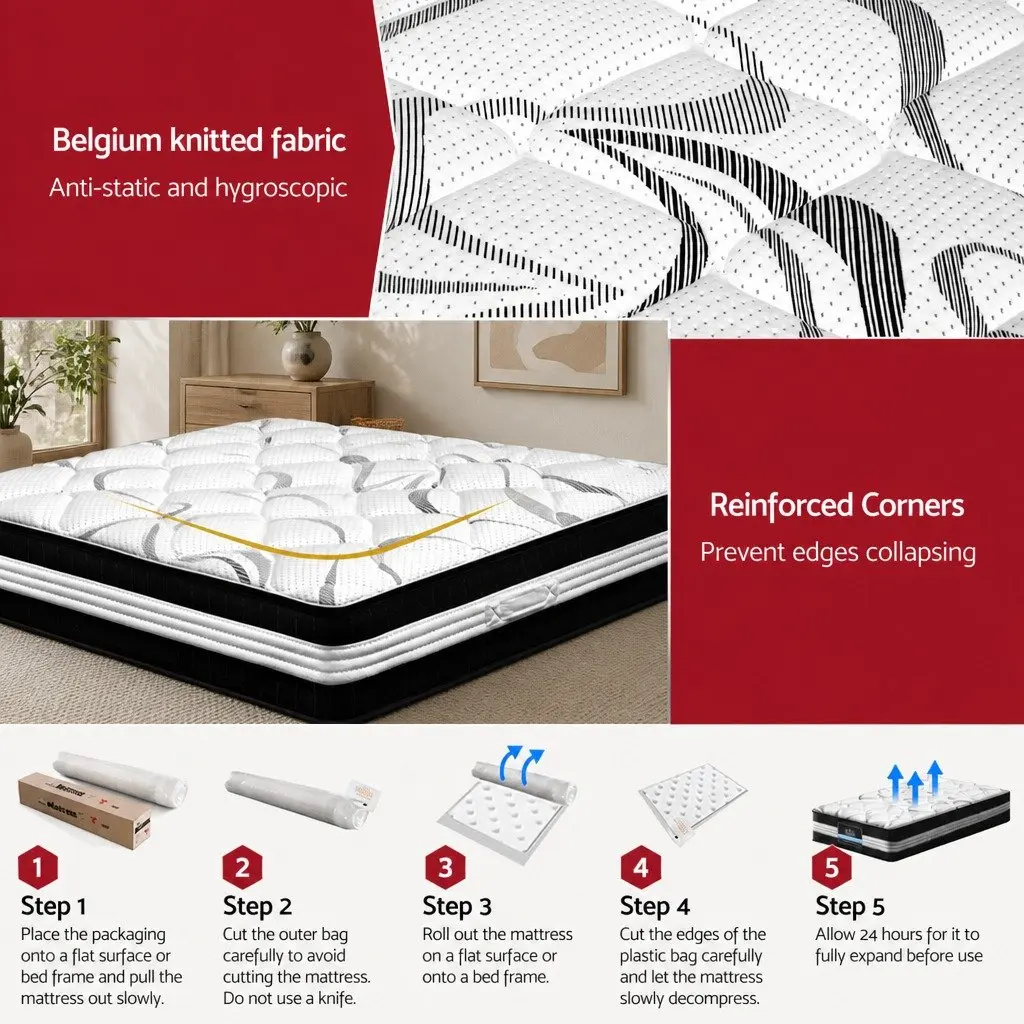 King Single Mattress Medium Firm 30cm Pocket Spring Support Hypoallergenic Breathable