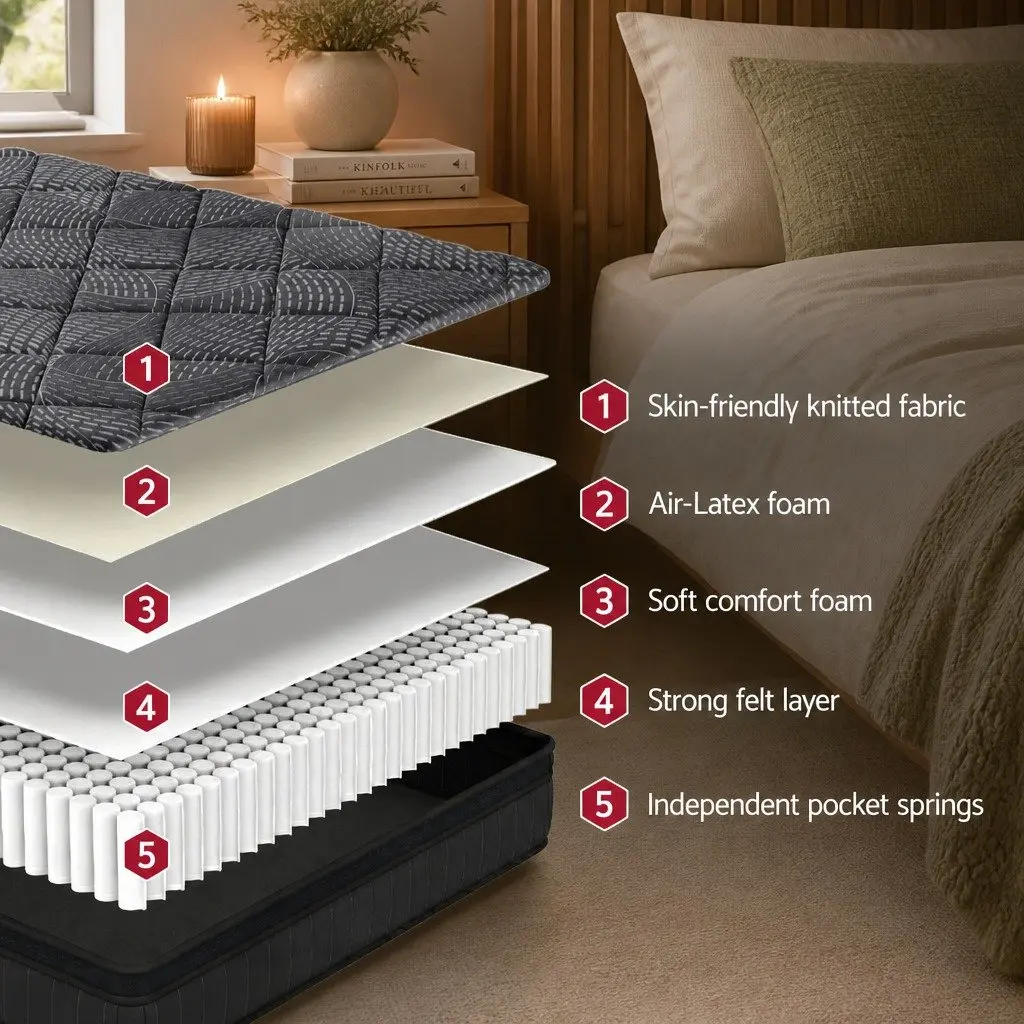 King Size Mattress for Bedroom 25cm Pocket Spring Latex Euro Top Medium Firm Support