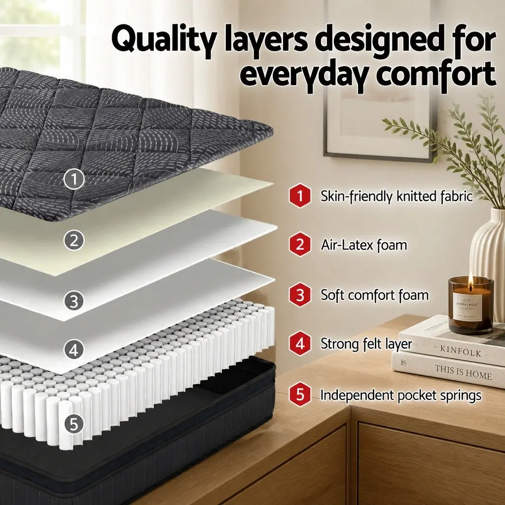 Queen Mattress for Bedroom 25cm Pocket Spring Latex Euro Top Medium Firm Support