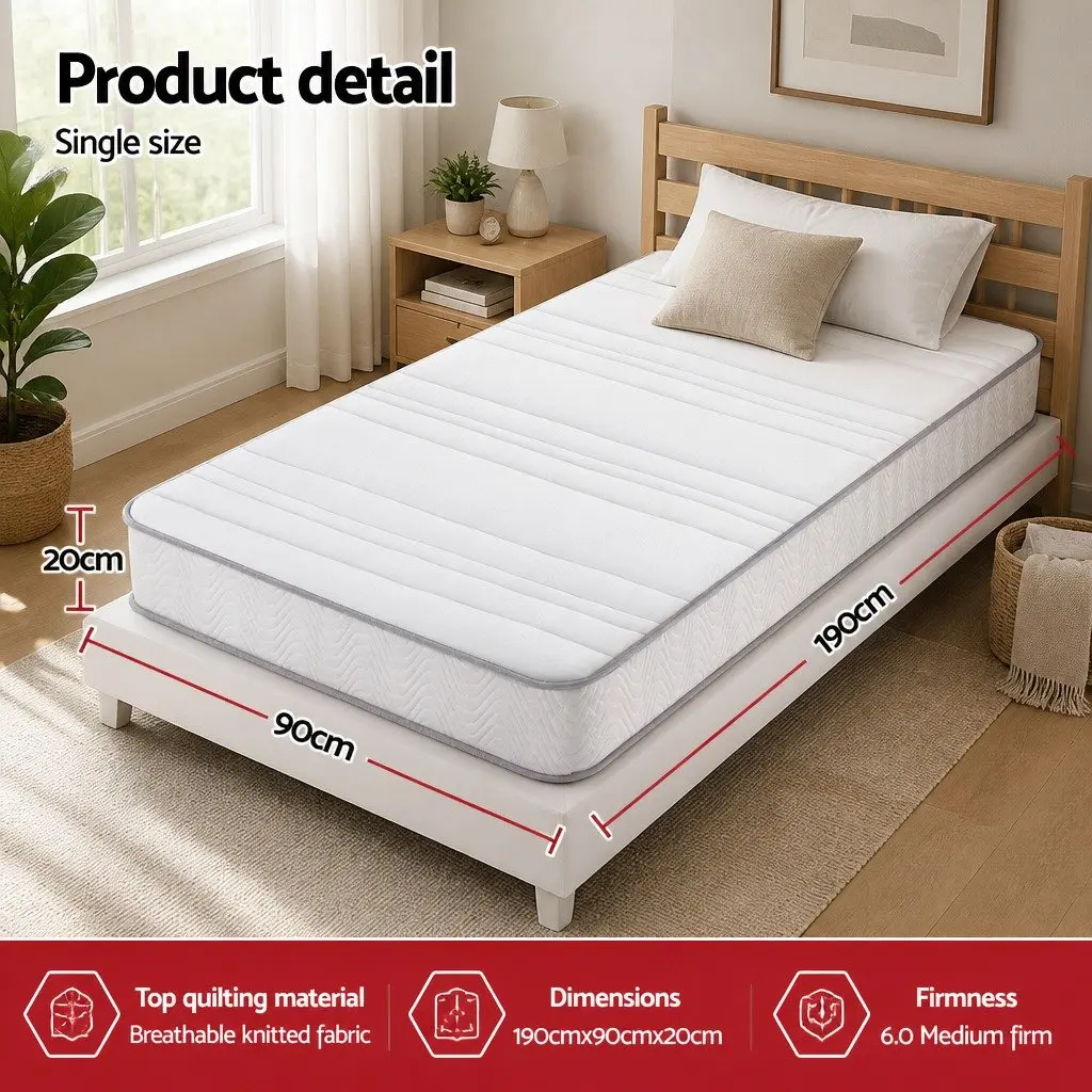Single Mattress Medium Firm 20cm Egg-Crate Foam Pocket Spring White 90cm x 190cm